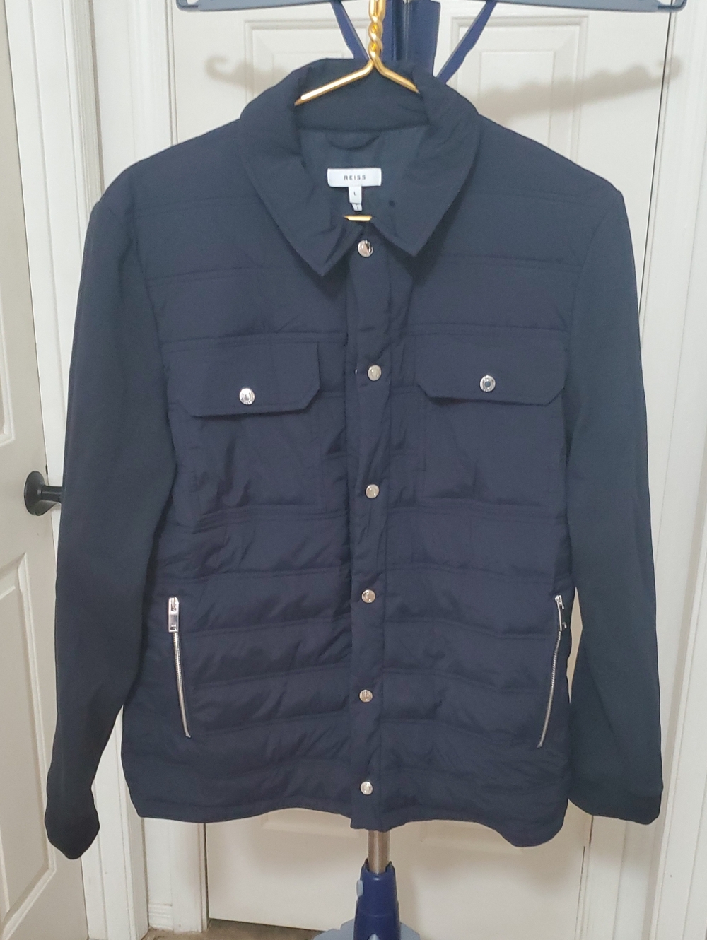 Reiss Men's Navy Quilted Button-Front Puffer Jacket